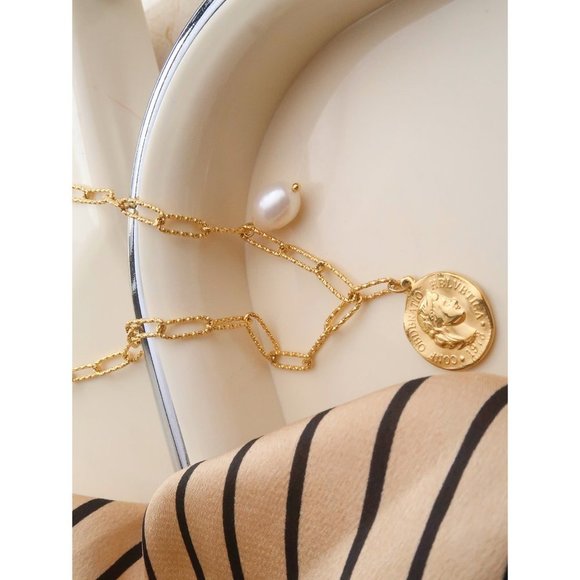 NEW 18K Gold Plated Coin Freshwater Pearl Necklace - Picture 2 of 10